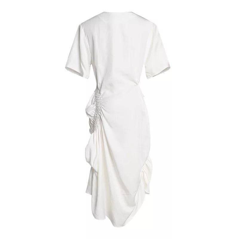 White Elastic Ruched Asymmetrical Dress