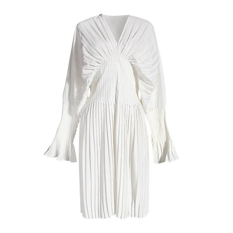 White Pleated Midi Flared Dress