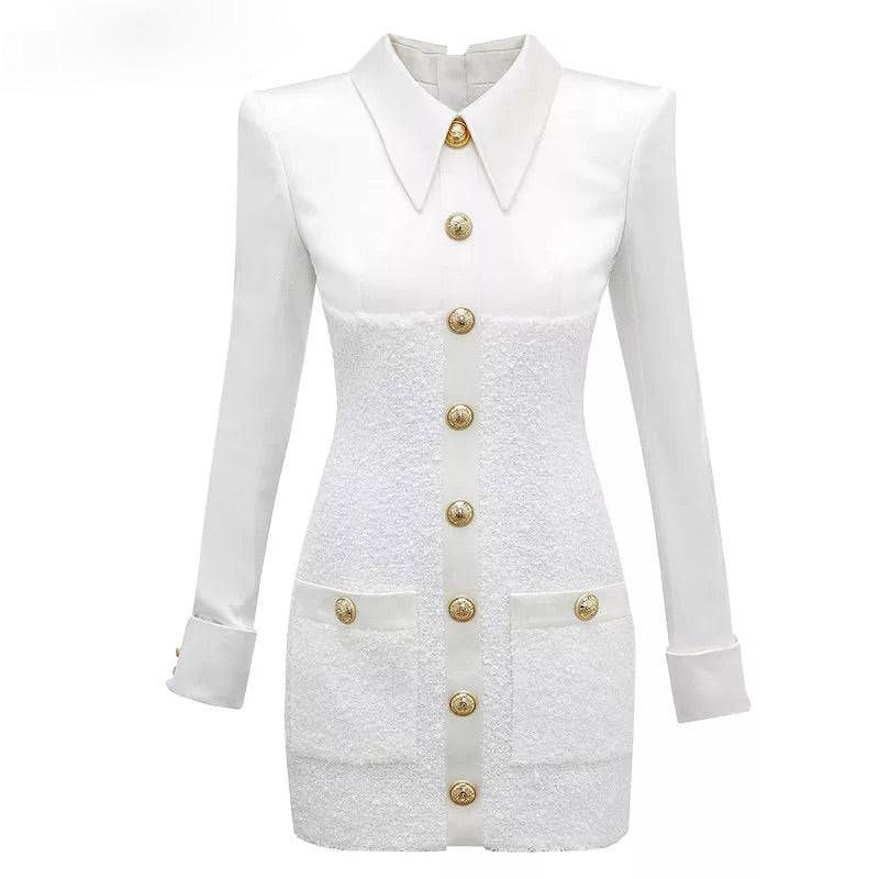 White Tweed Gold Buttoned Dress