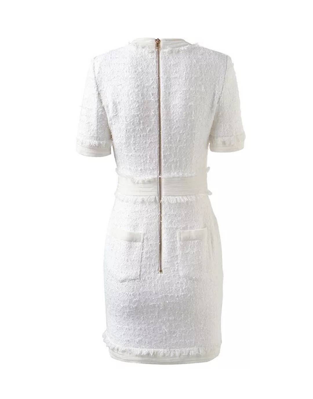 White Tweed Knit Gold Button Dress