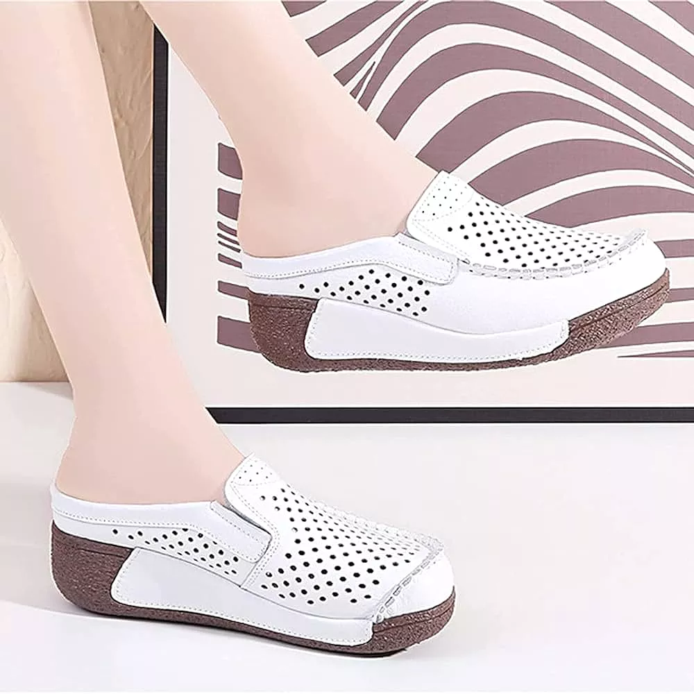 Women Fashion Leather Hollow Out Closed Toe Mule Sandals