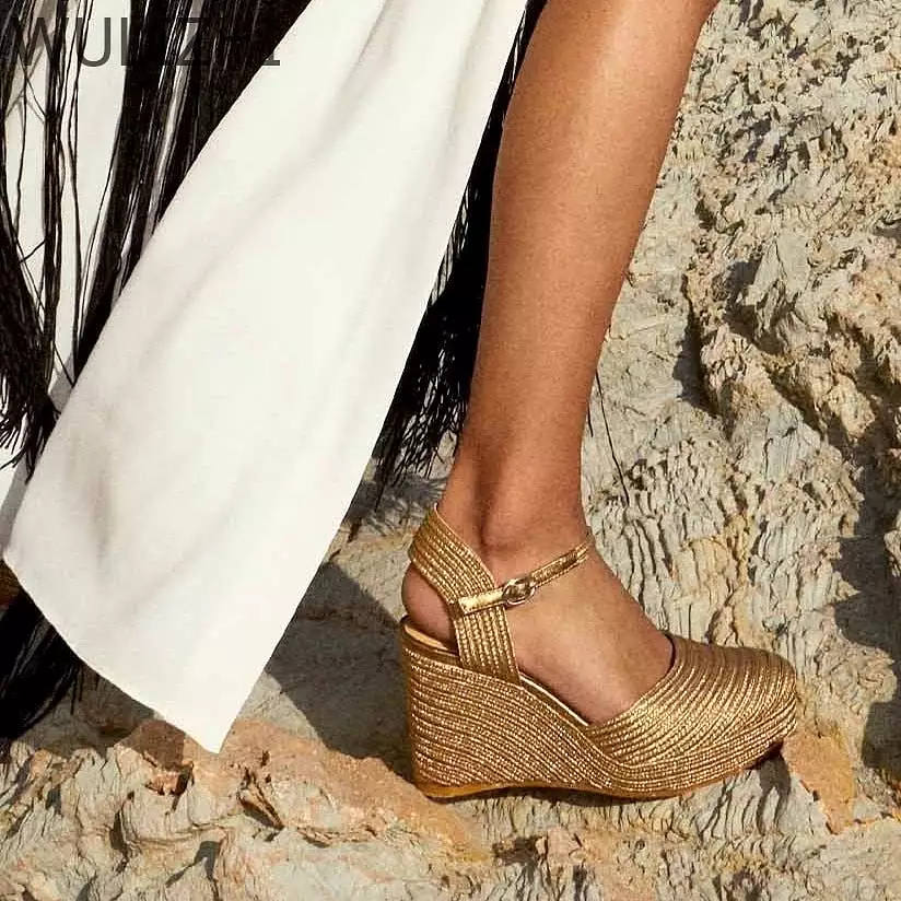 Women Luxury Sandals Golden Bordered Woven Wedges Platform Elegant Shining Silk Thread Riband Heel Cover Hollow Buckle Shoe