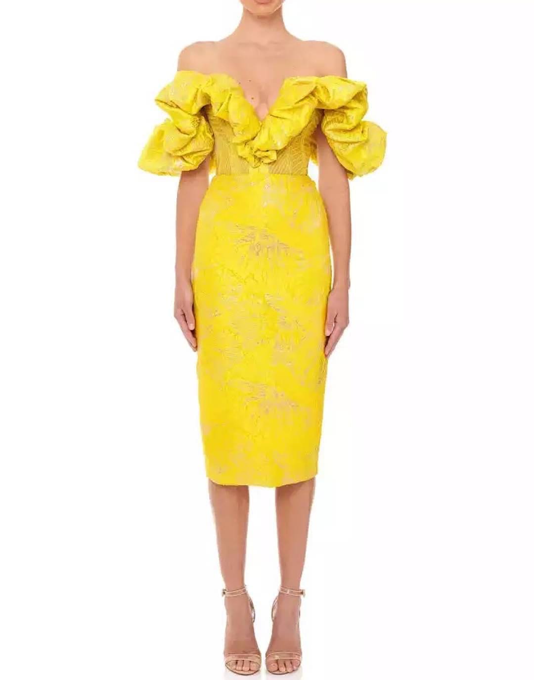 Yellow Knitted Jacquard Bandage Dress