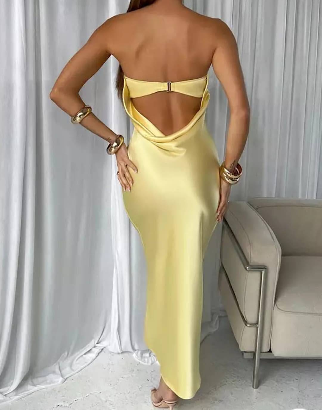 Yellow Satin Lower Back Strapless Dress